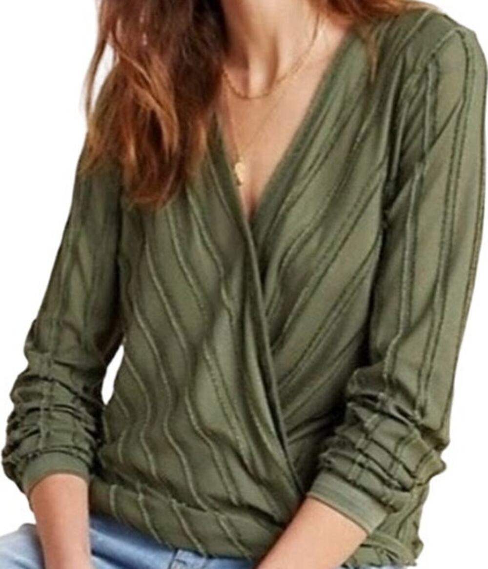 Anthropologie Maeve Audre Blouse Textured Faux Wrap Surplice V-Neck Green S